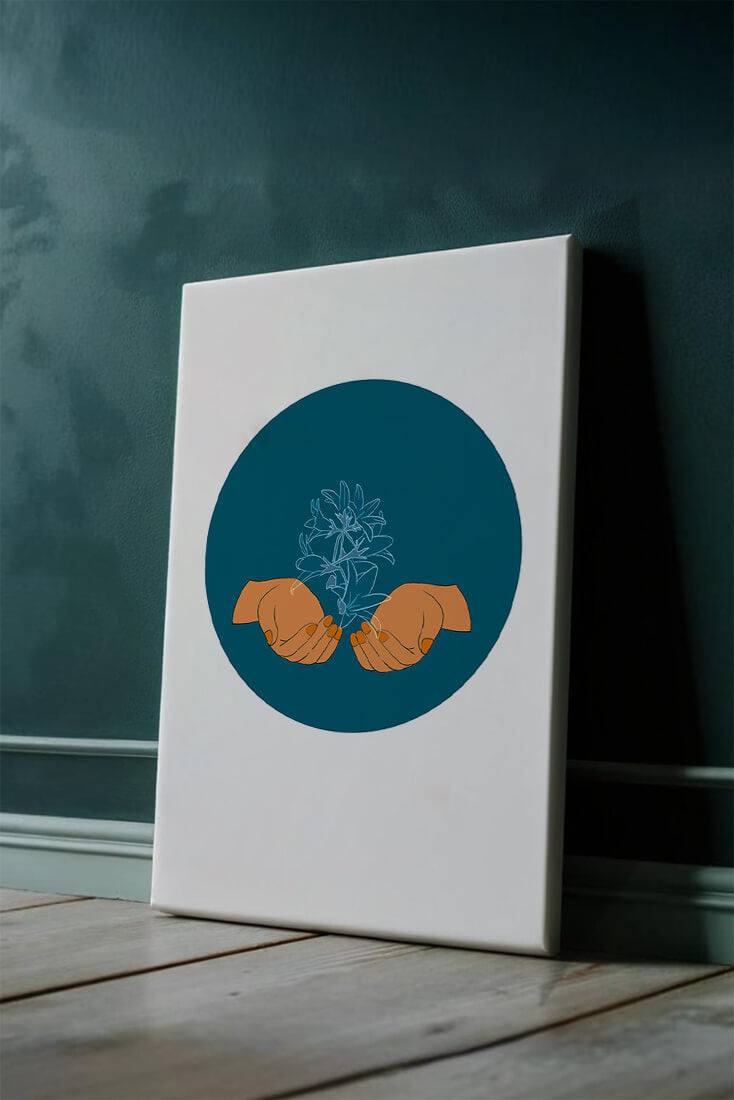 Illustration of Hands Holding a Plant with Teal Background