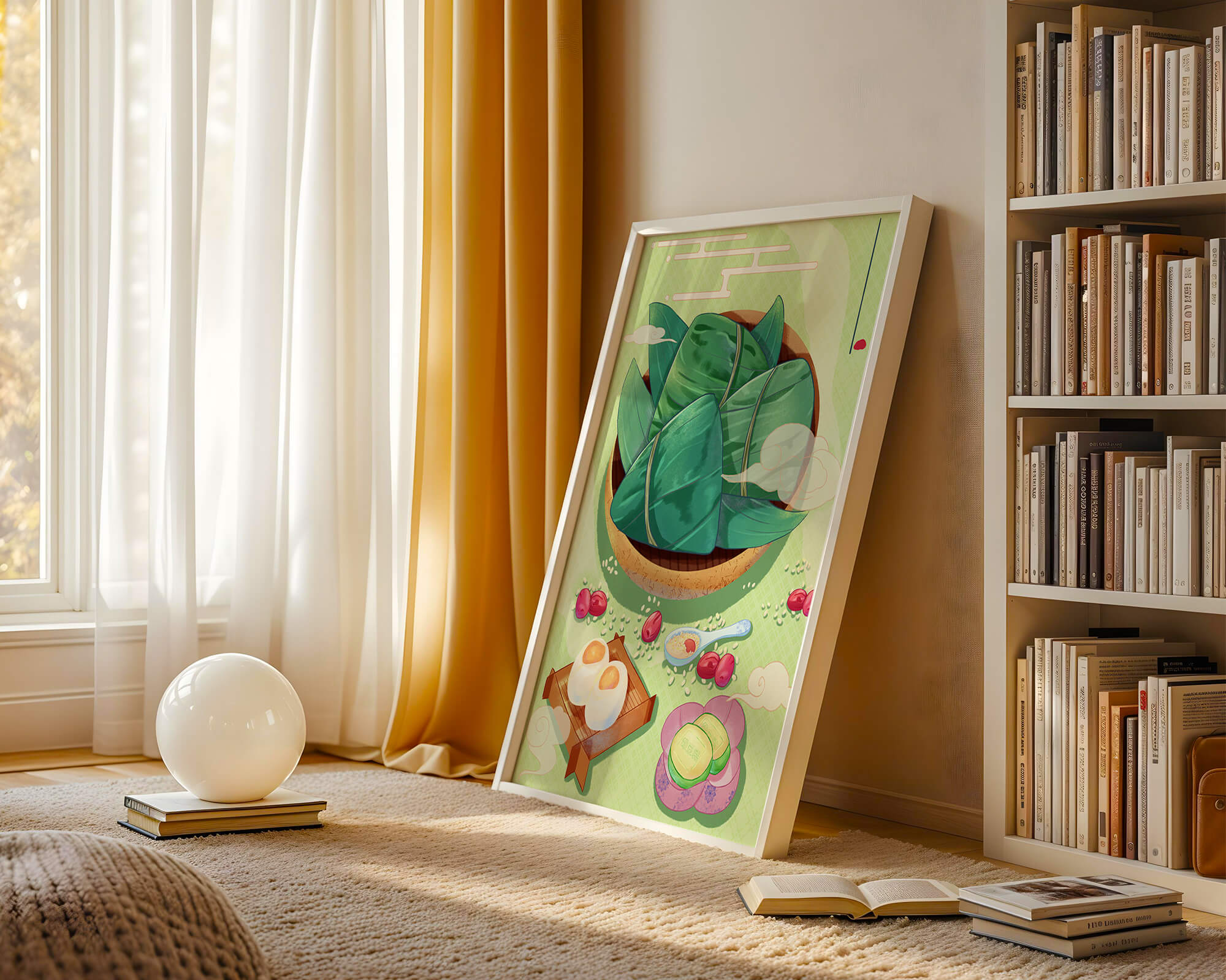 Traditional Asian food illustration with rice dumplings and mooncakes on a green background