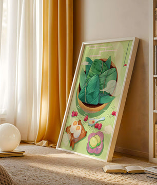 Traditional Asian food illustration with rice dumplings and mooncakes on a green background