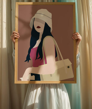 Ilustración elegante de una mujer con sombrero de cubo y ropa casual