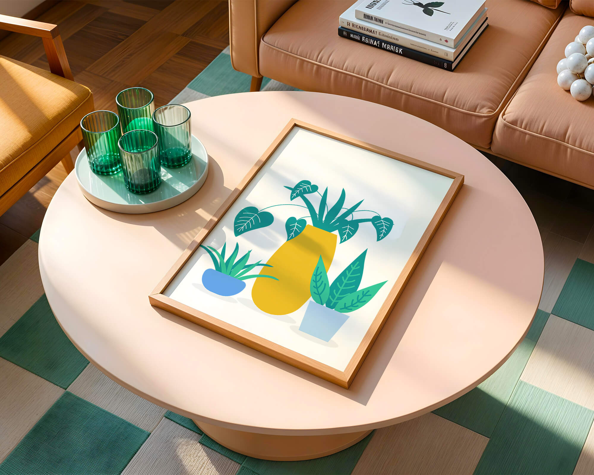 Illustration of colorful potted plants with a yellow vase