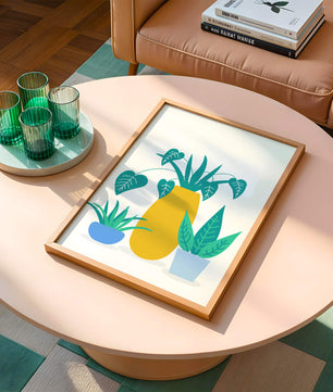 Illustration of colorful potted plants with a yellow vase