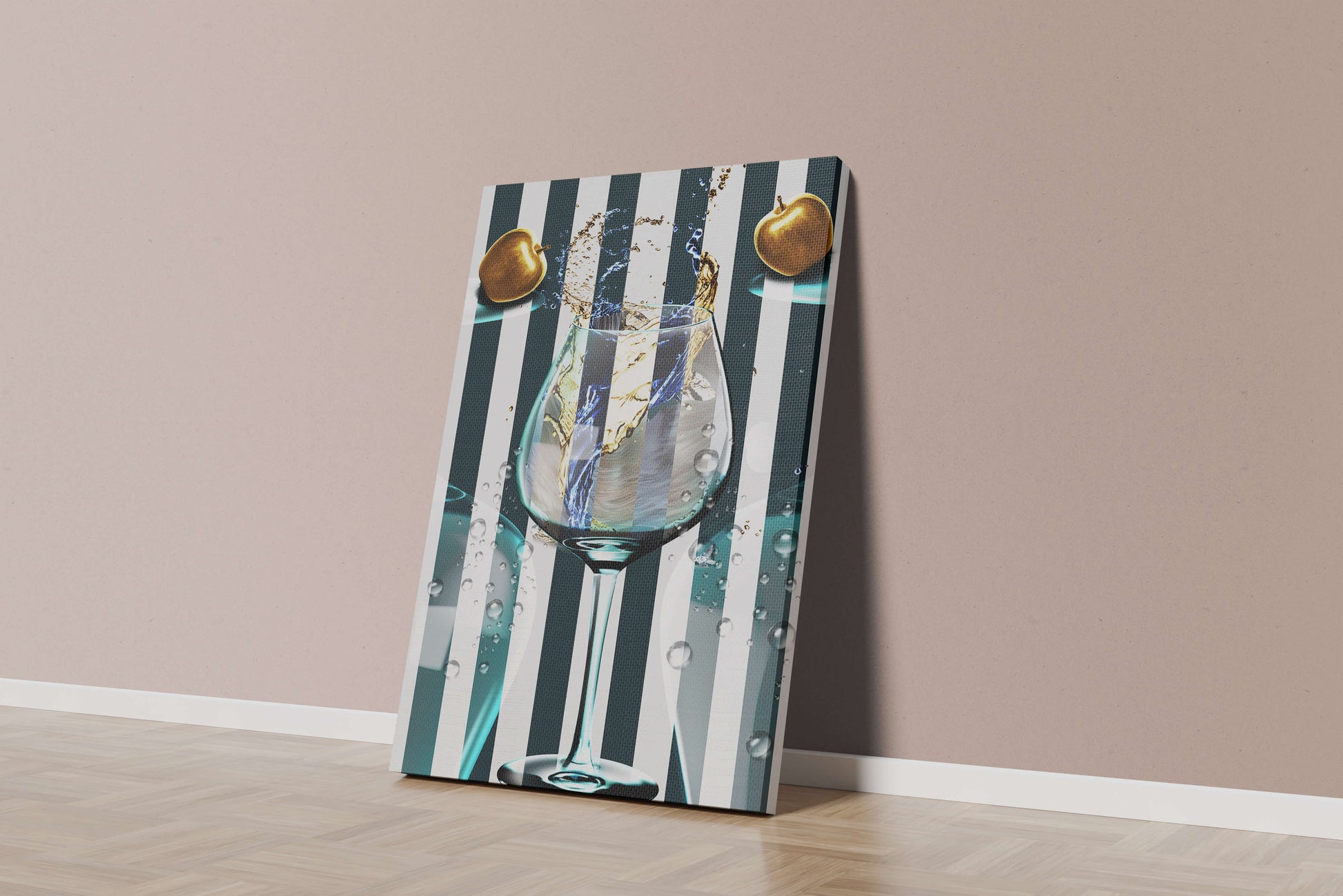 Elegant Glass of Champagne with Golden Apples and Striped Background