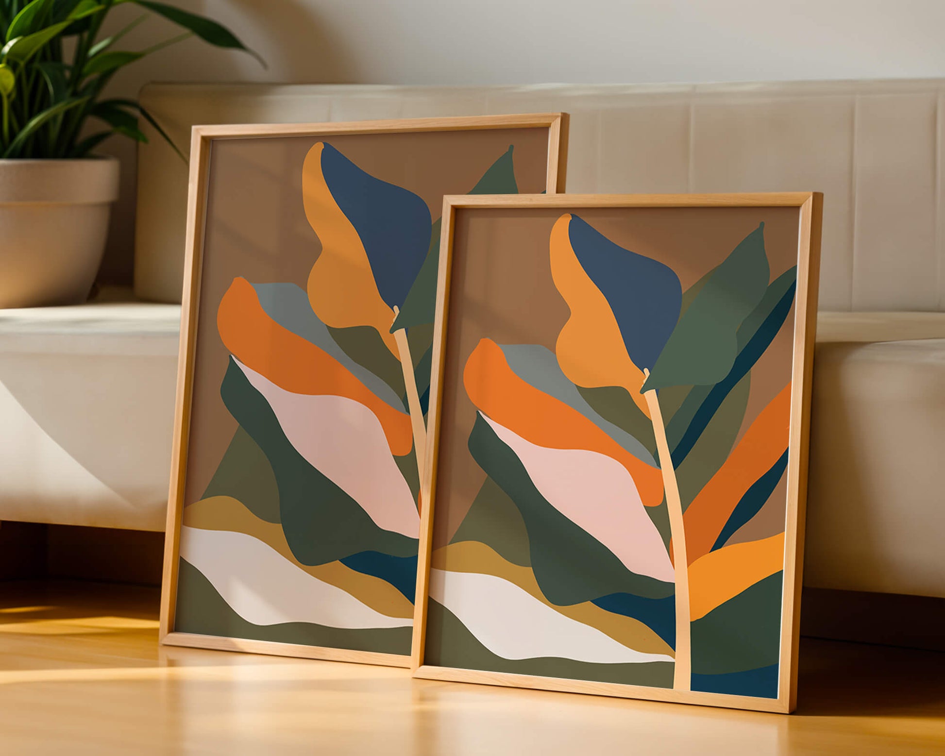 Abstract Botanical Illustration with Earthy Tones and Organic Shapes