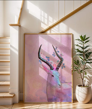Pastel watercolor illustration of antelope with floral horns