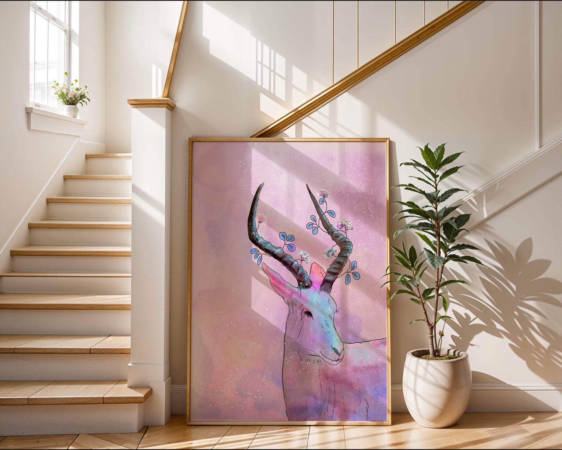 Pastel watercolor illustration of antelope with floral horns