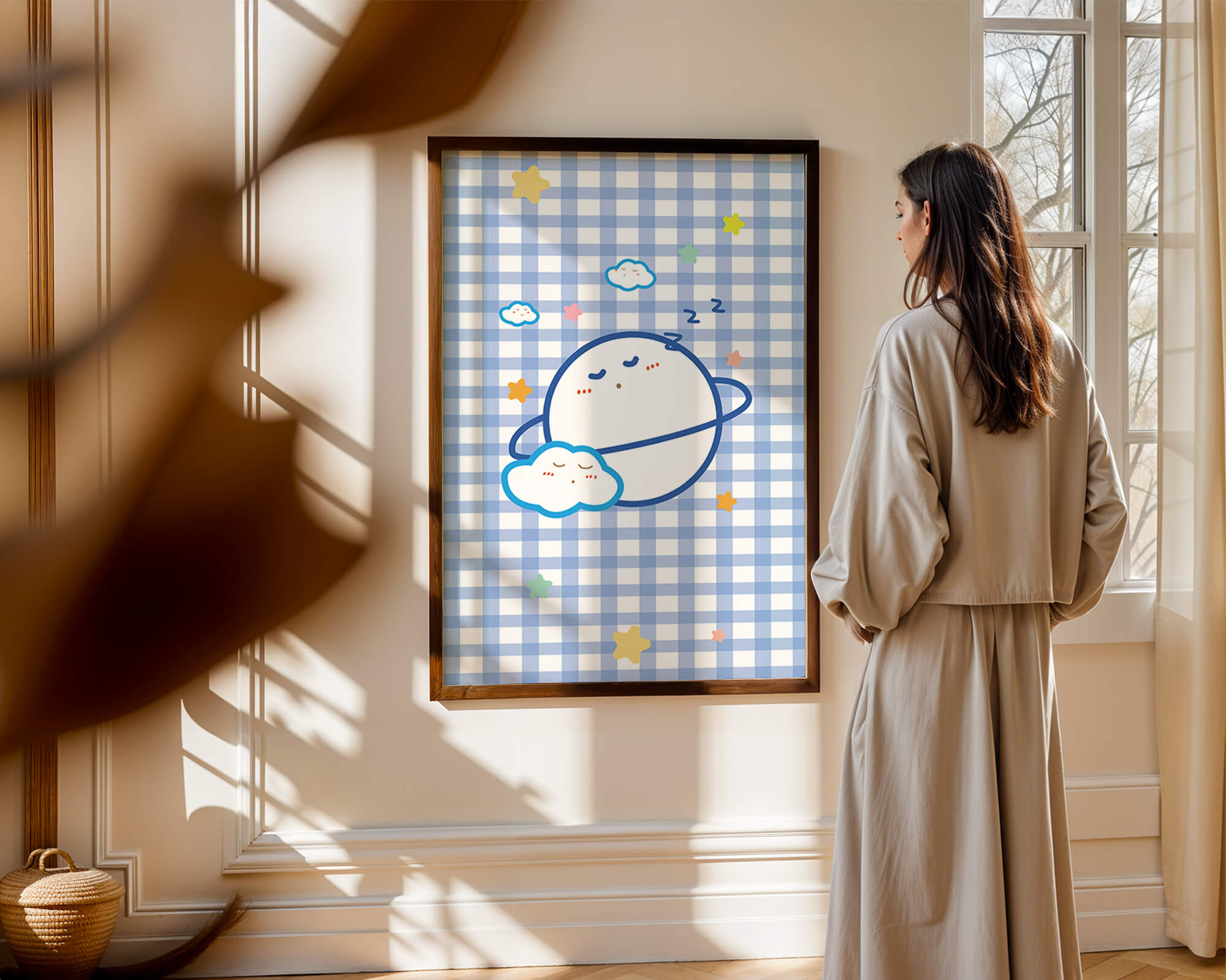 Whimsical sleep theme with planets and clouds on a checkered background