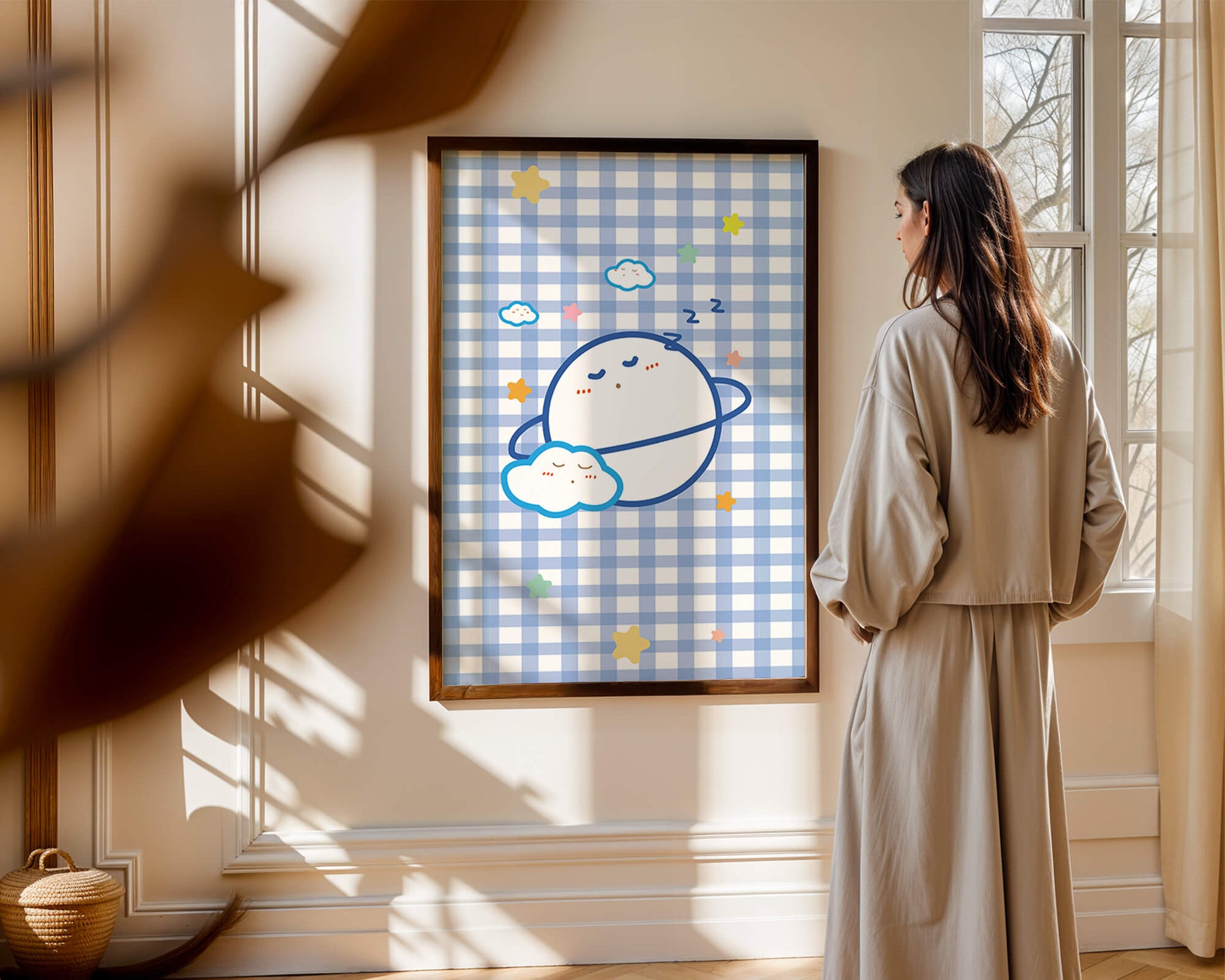 Whimsical sleep theme with planets and clouds on a checkered background