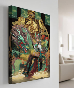 Art fantastique élégant d'une femme avec un dragon majestueux et des éléments dorés