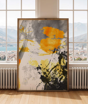 Abstract yellow and black watercolor splash with dynamic brushstrokes
