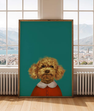 Portrait de caniche charmant en tenue de fête sur fond turquoise