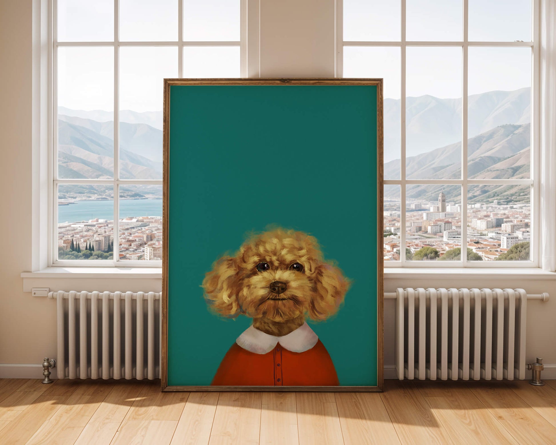 Portrait de caniche charmant en tenue de fête sur fond turquoise