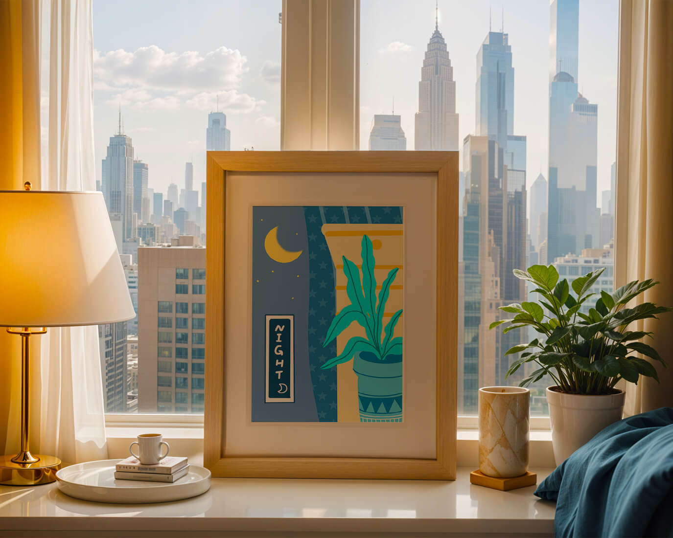 Nighttime plant illustration with crescent moon and starry background
