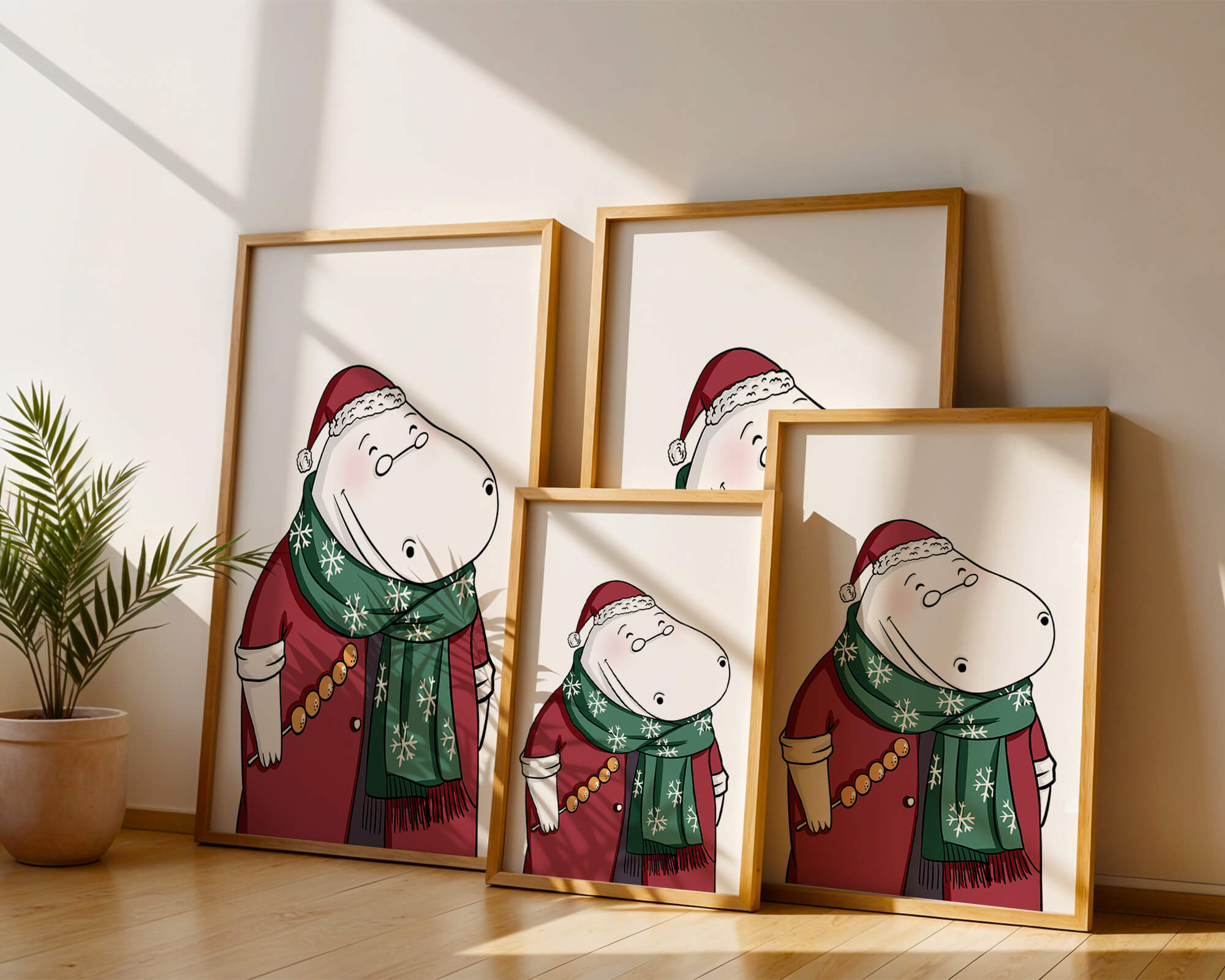 Festive hippo in a red outfit with a green snowflake scarf
