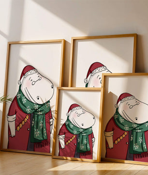 Festive hippo in a red outfit with a green snowflake scarf