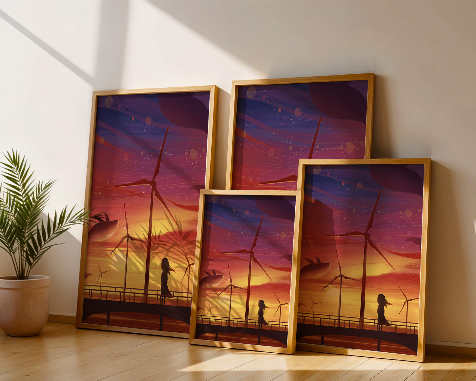 Enchanting sunset scene with wind turbines and silhouette of a girl