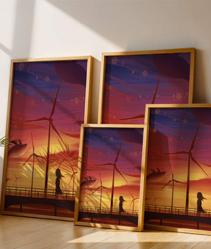 Enchanting sunset scene with wind turbines and silhouette of a girl