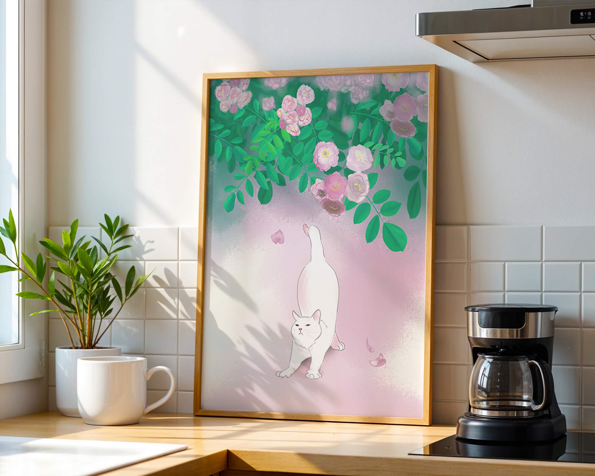 White cat stretching beneath blooming flowers in a pastel garden setting