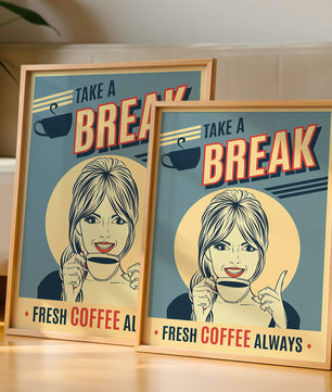 Retro Coffee Break Poster with Woman Holding a Cup - Mi tienda