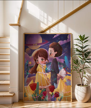 Ilustración de pareja romántica con estrellas y rosas en un entorno nocturno mágico