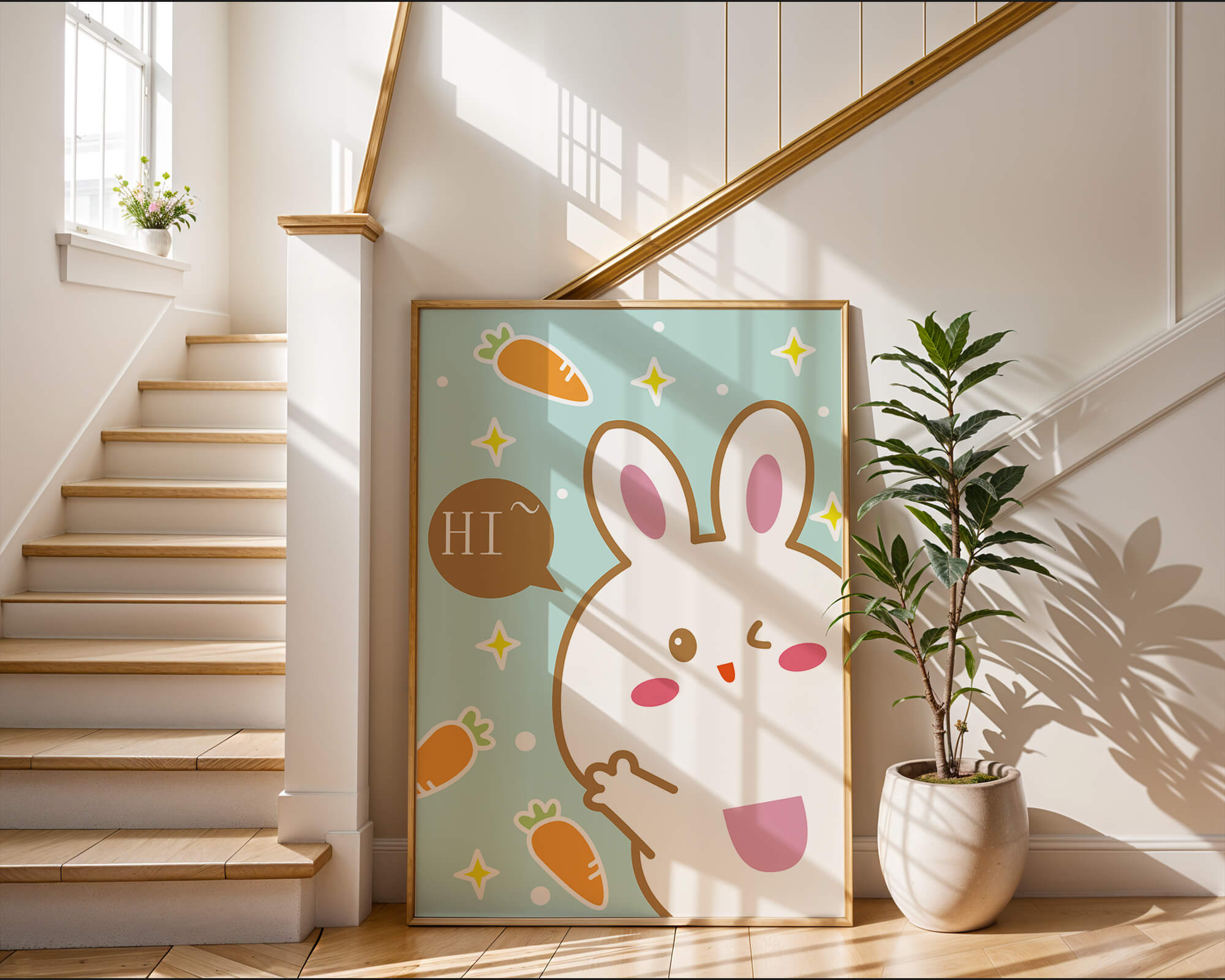 Playful cartoon bunny with carrots and stars on teal background