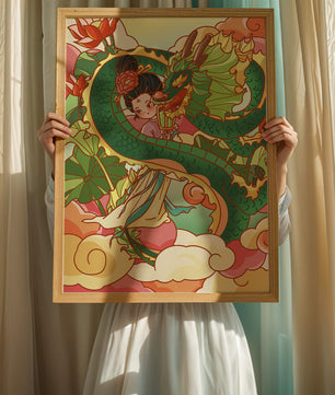 Heitere künstlerische Darstellung eines Mädchens mit einem majestätischen Drachen inmitten von Wolken und Lotusblumen