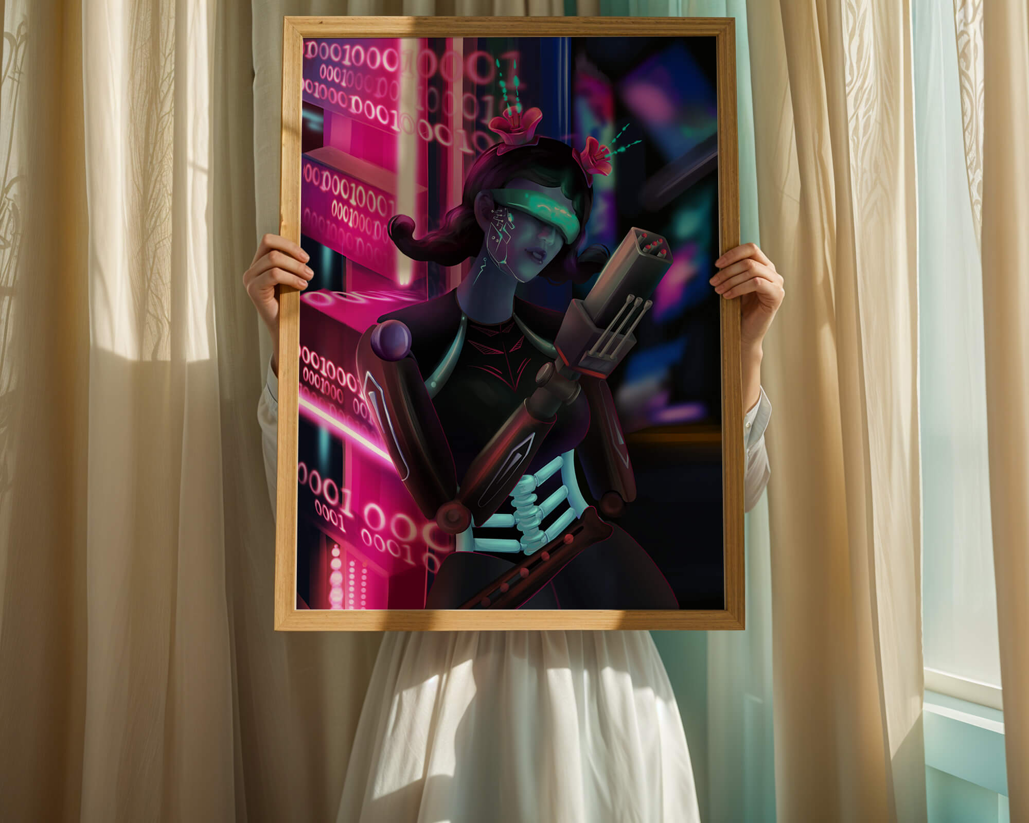 Futuristic Cyborg Woman in Digital Neon Landscape - Mi tienda