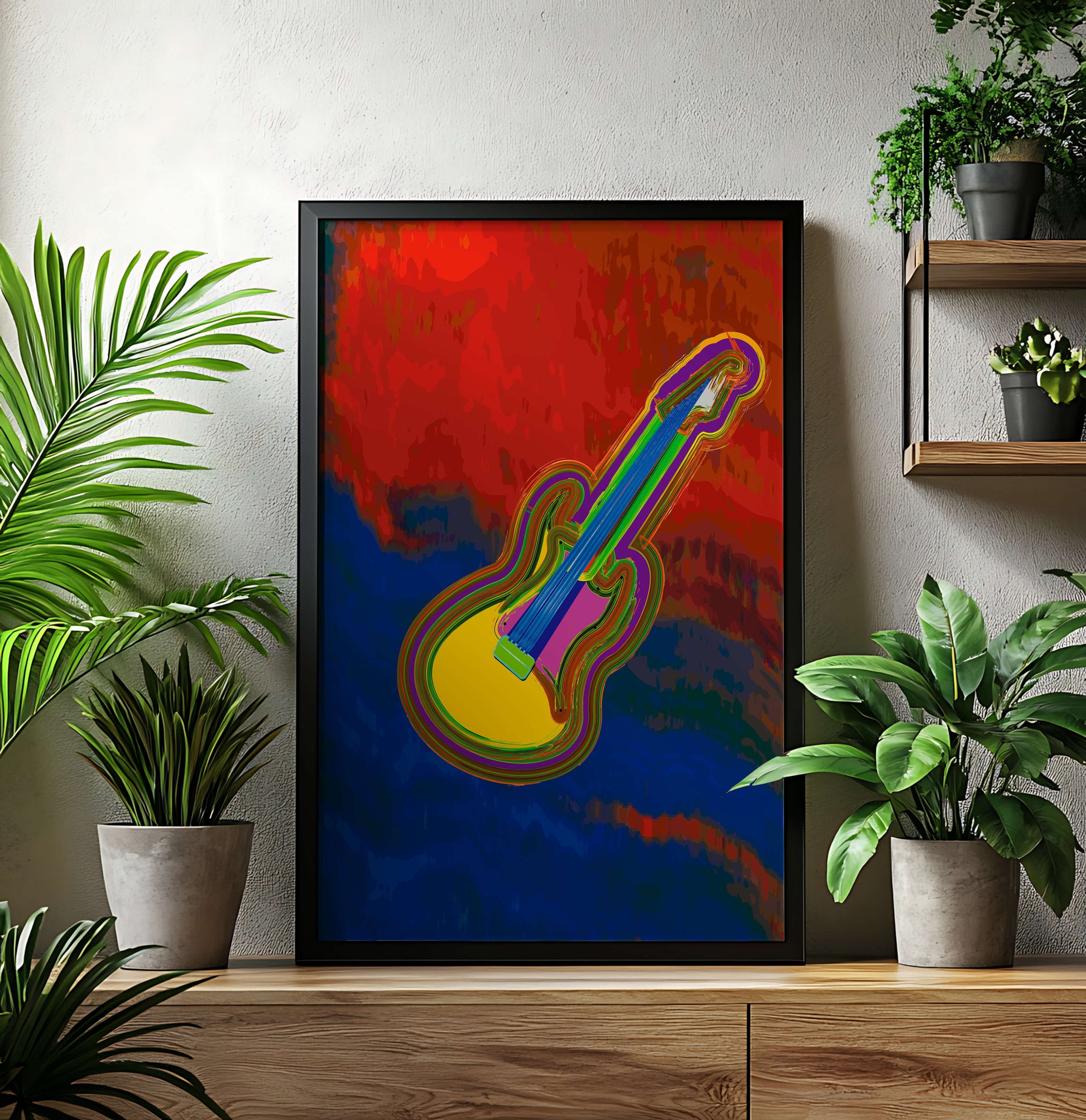 Vibrant abstract guitar illustration with bold colors