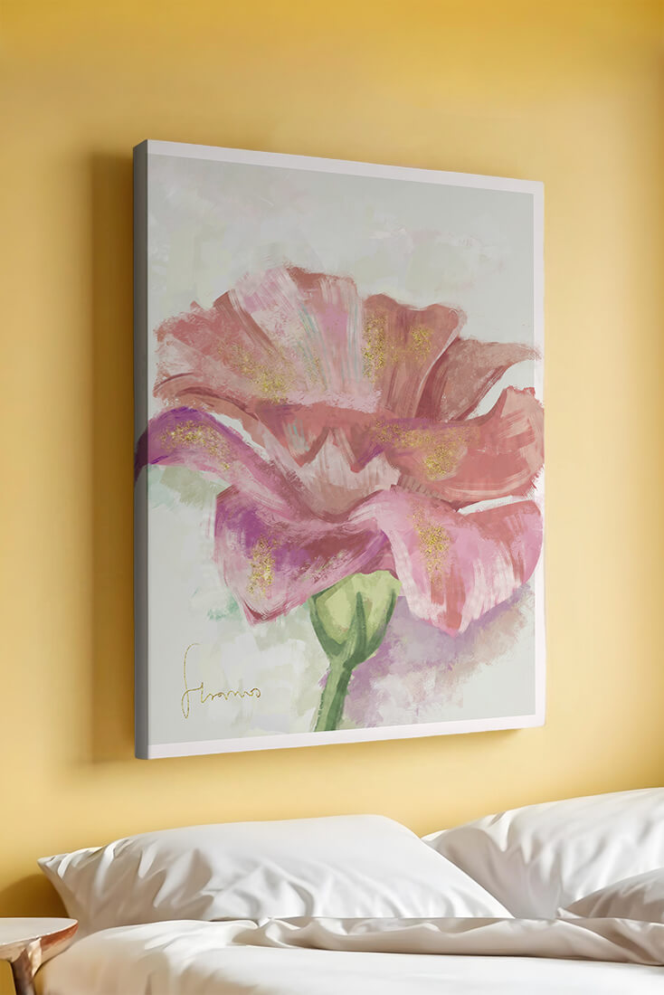 Vibrant pink flower with golden accents in abstract style