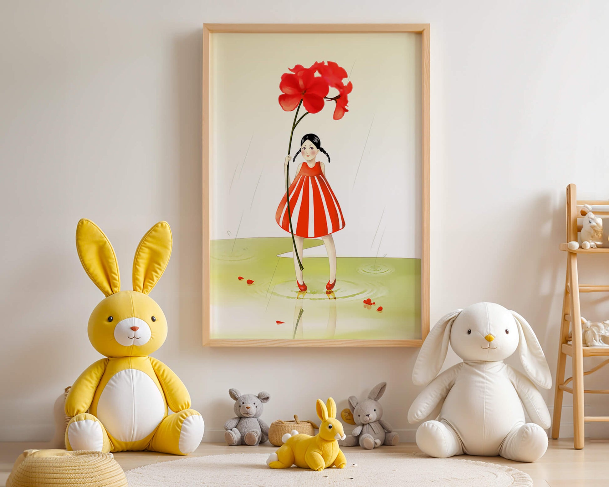 Young girl holding large red flower standing in puddle illustration