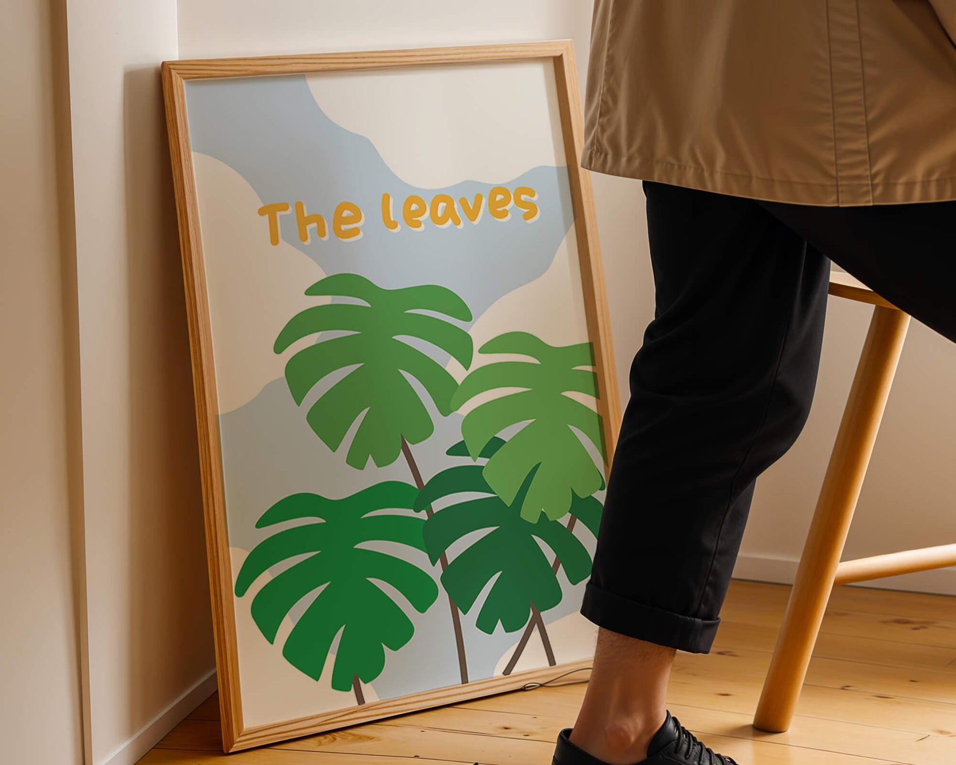 Illustrative tropical leaves with blue sky background for home decor