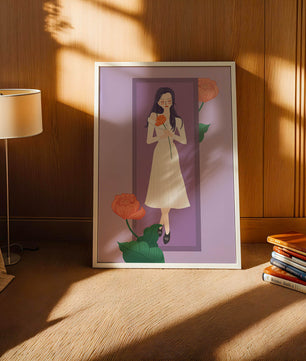 Illustration of a woman holding a flower in a serene pose