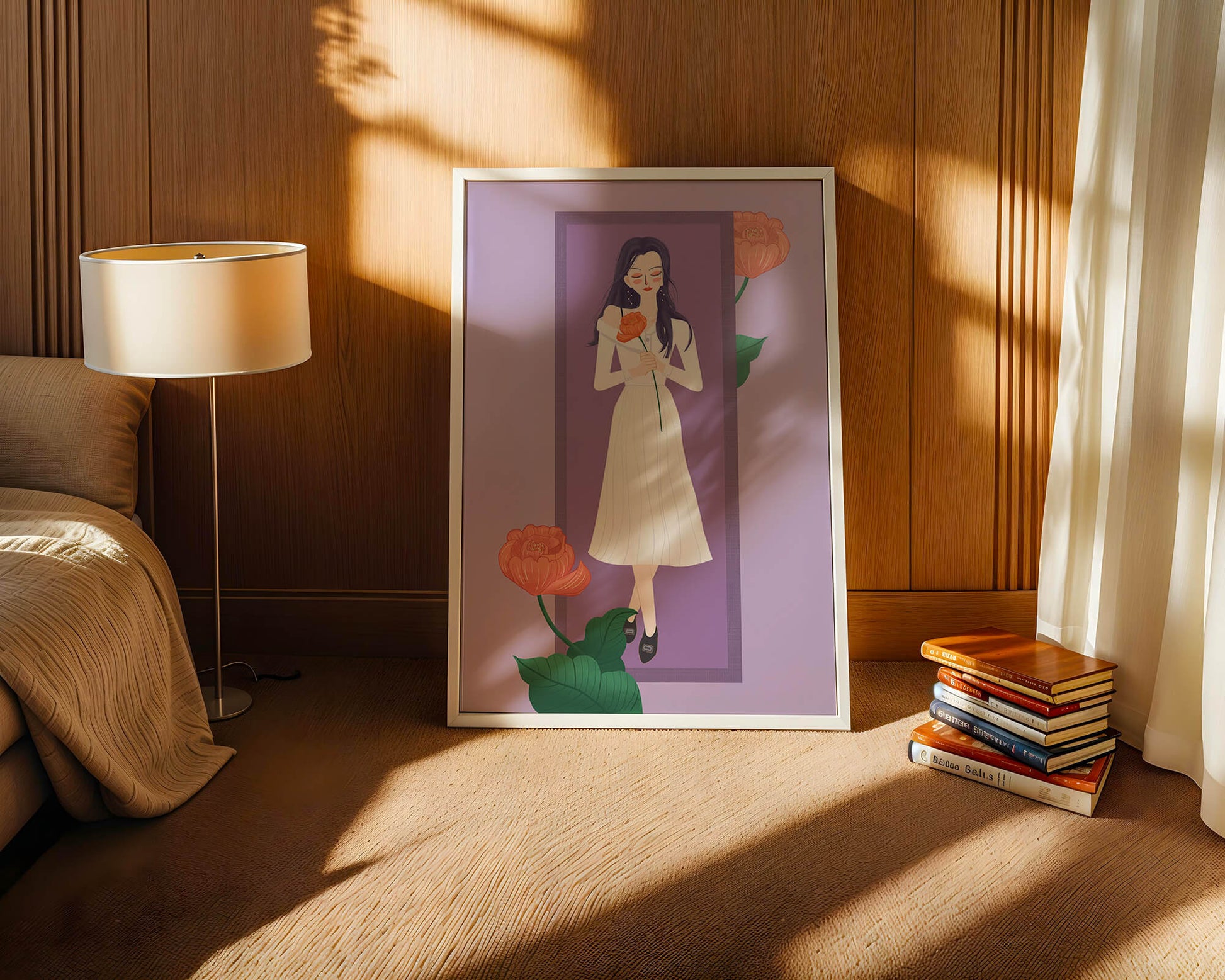 Illustration of a woman holding a flower in a serene pose
