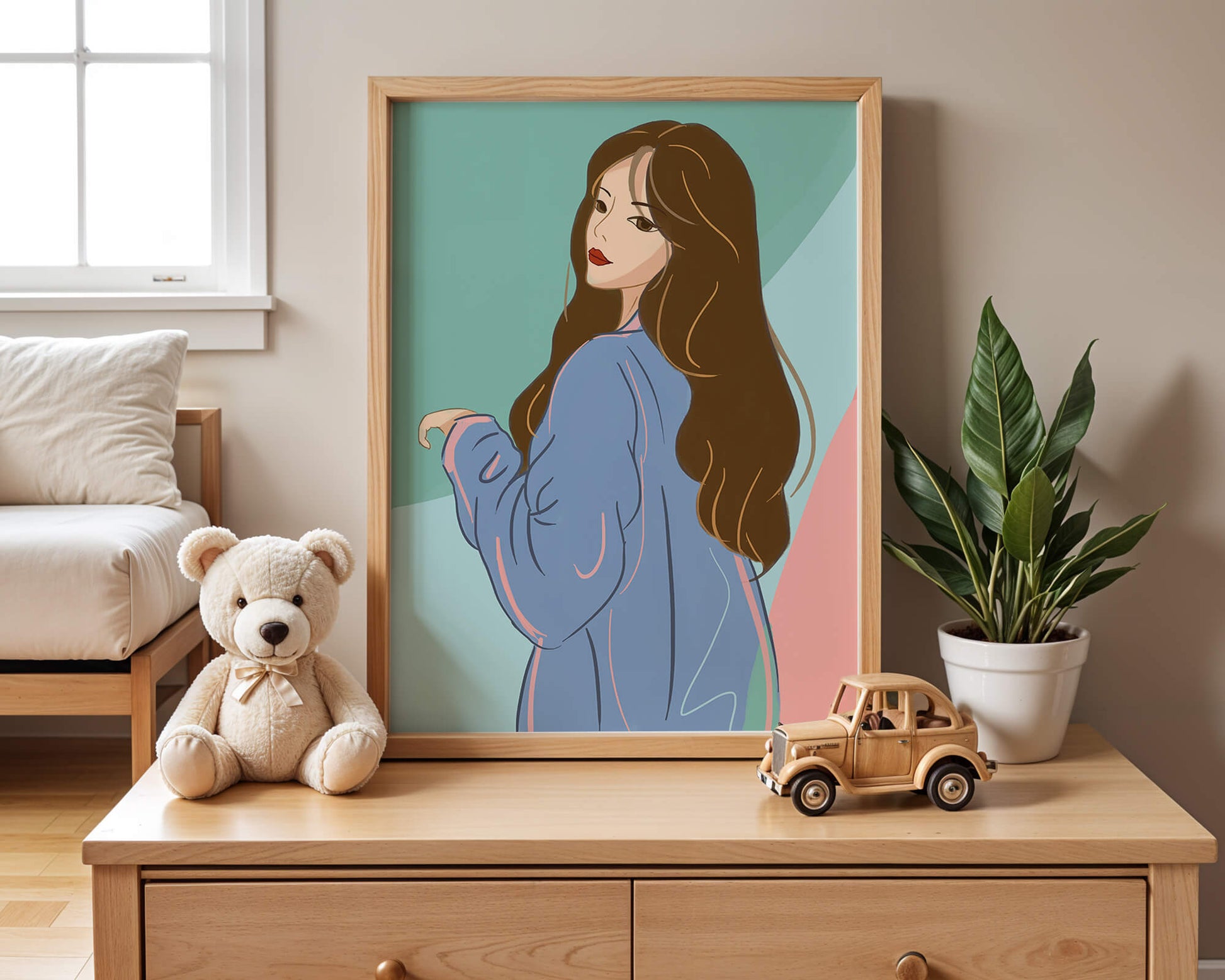 Stylish woman illustration with long hair in pastel shades