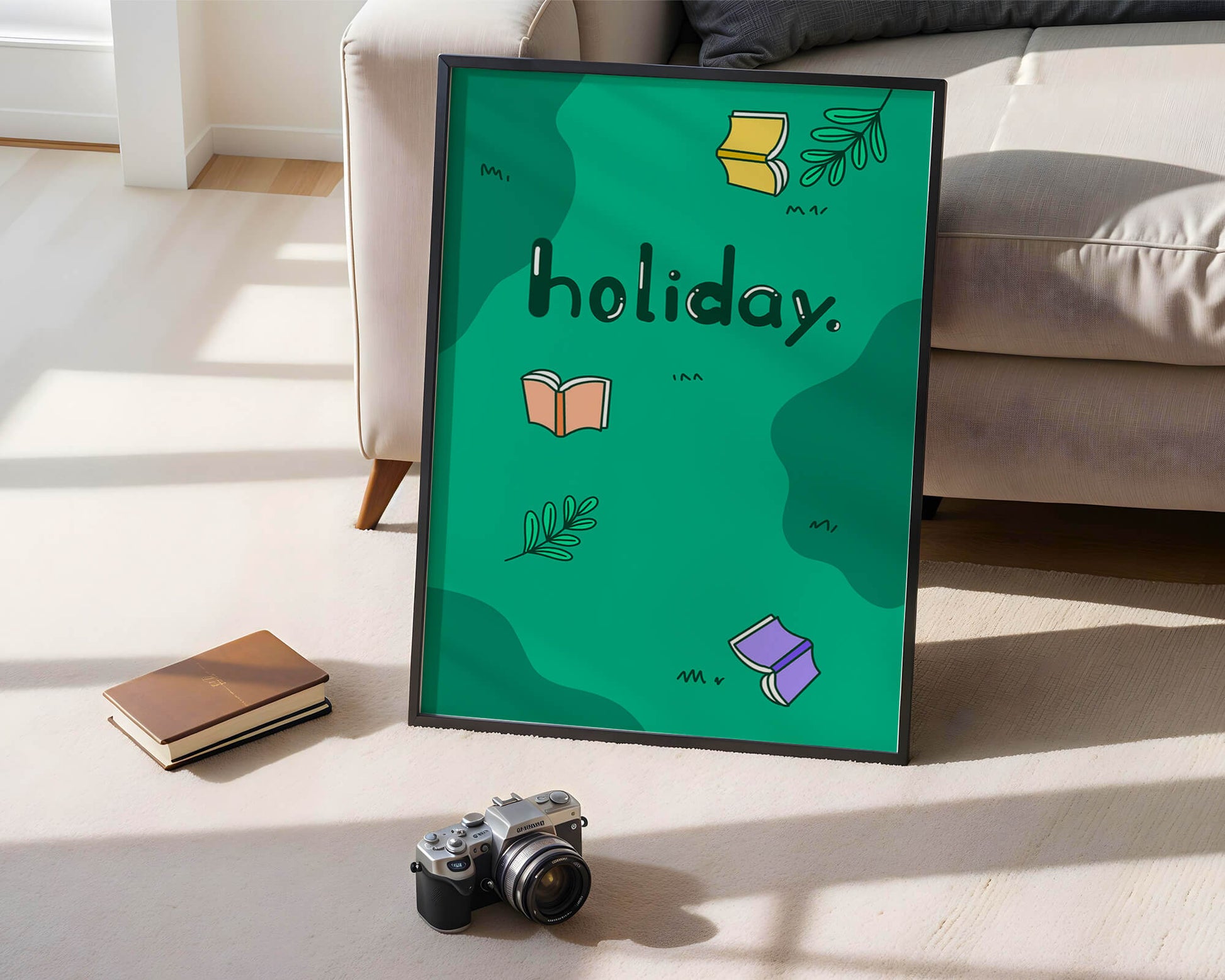 Colorful holiday-themed design with books and leaves