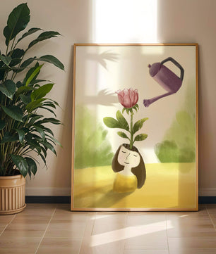Ilustración de una chica con una flor creciendo de su cabeza siendo regada