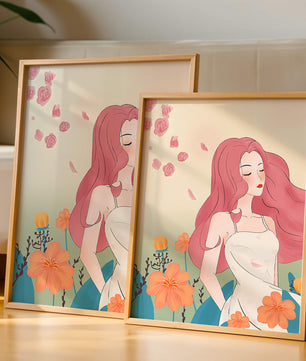 Illustration of a serene woman in a floral dress with flowing red hair