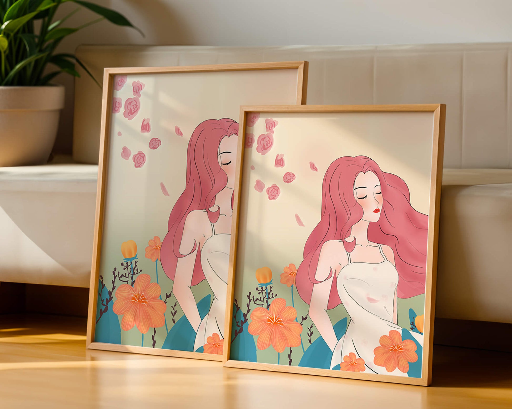 Illustration of a serene woman in a floral dress with flowing red hair