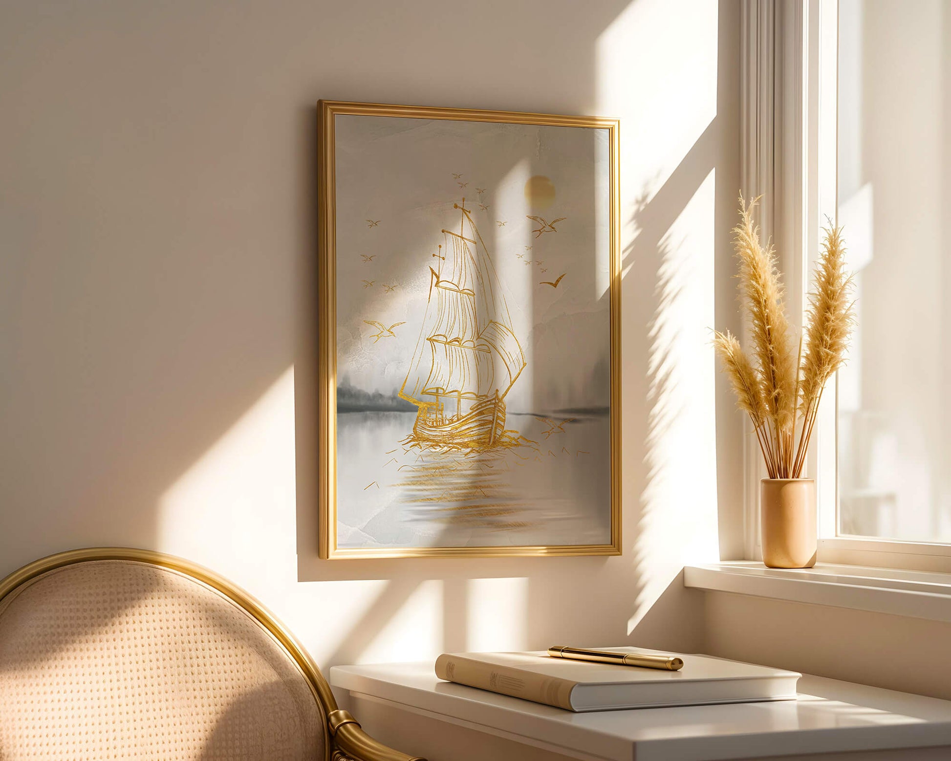 Serene nautical scene with golden sailboat at sea