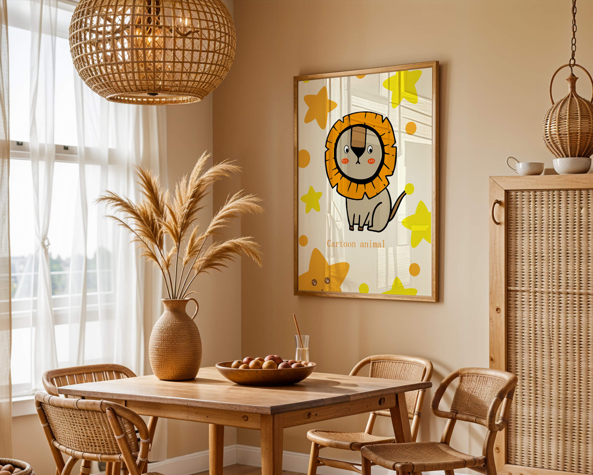 Cute cartoon lion illustration with stars for children's room