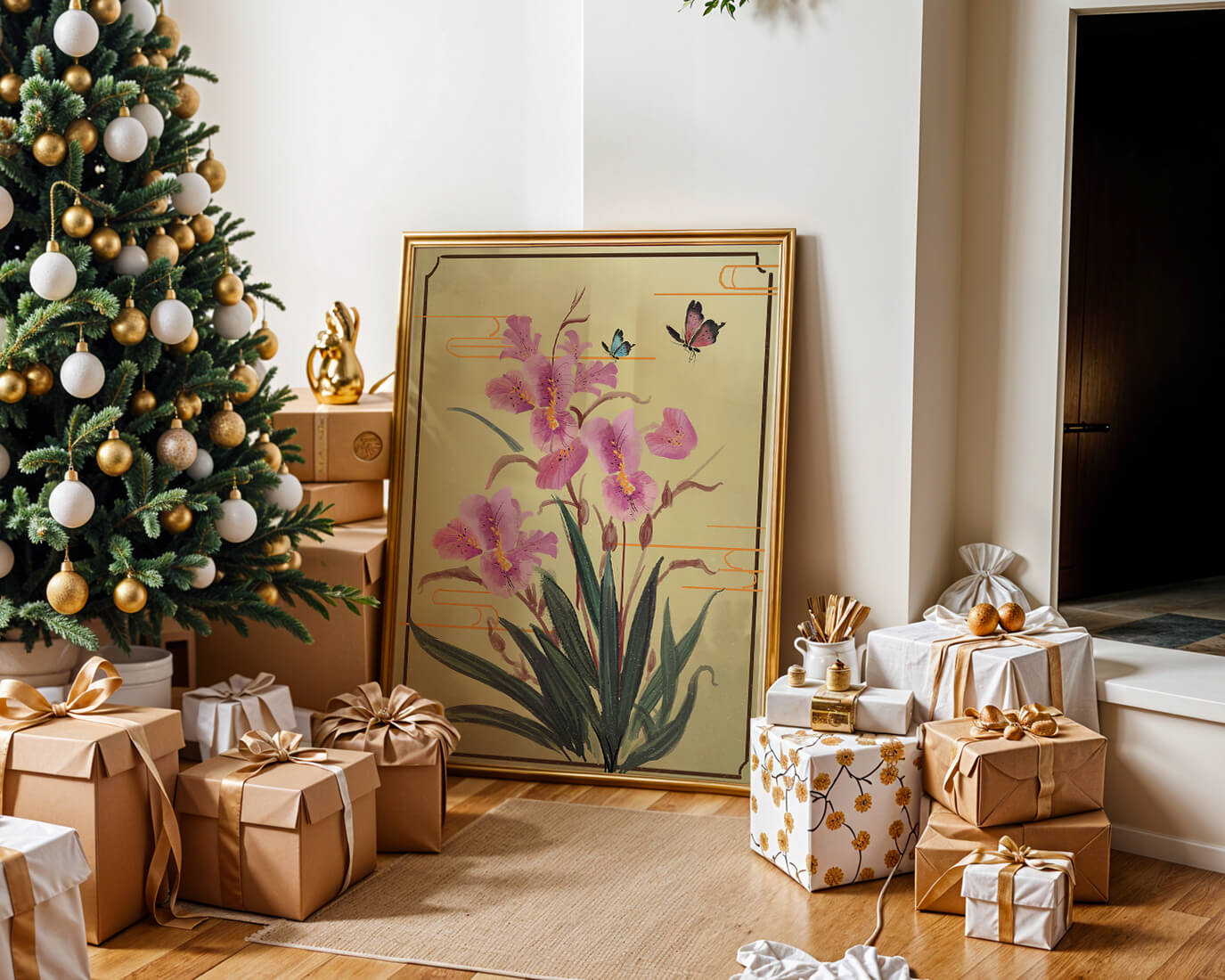 Elegant Floral Composition with Butterflies and Ornamental Background