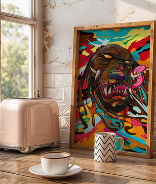 Cabeza de león abstracta y colorida con remolinos vibrantes