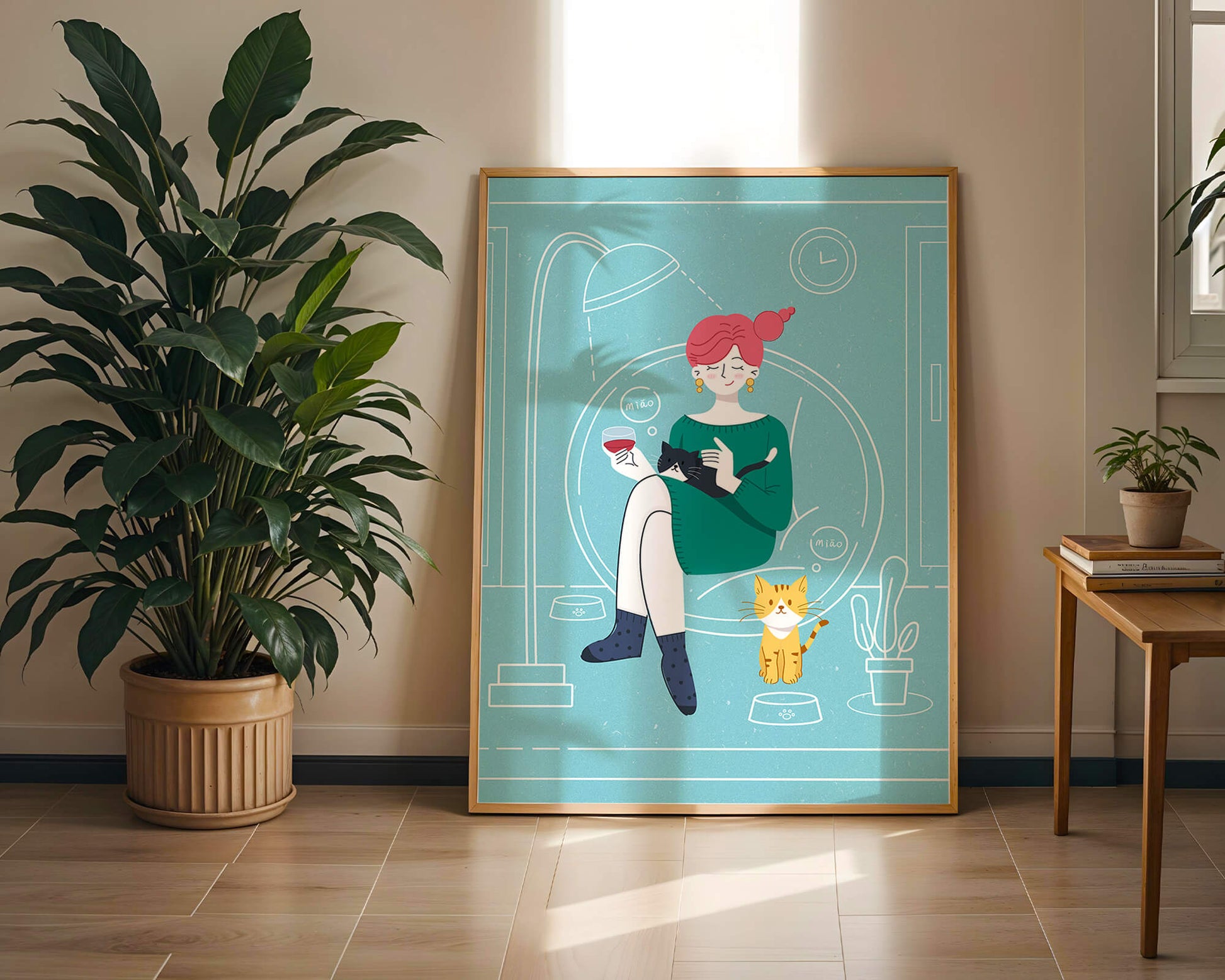 Acogedora velada con gatos en una sala de estar escandinava