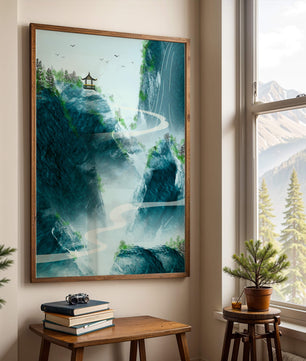 Paisaje montañoso sereno con pagoda y río serpenteante