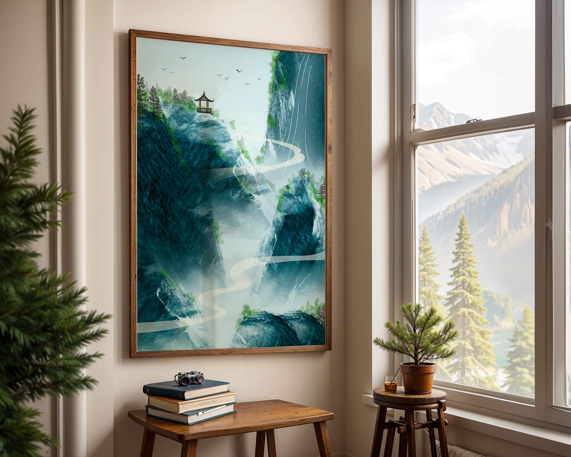 Paisaje montañoso sereno con pagoda y río serpenteante