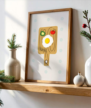 Ilustración de una escena de desayuno con huevo, aguacate y tomate sobre tabla de madera