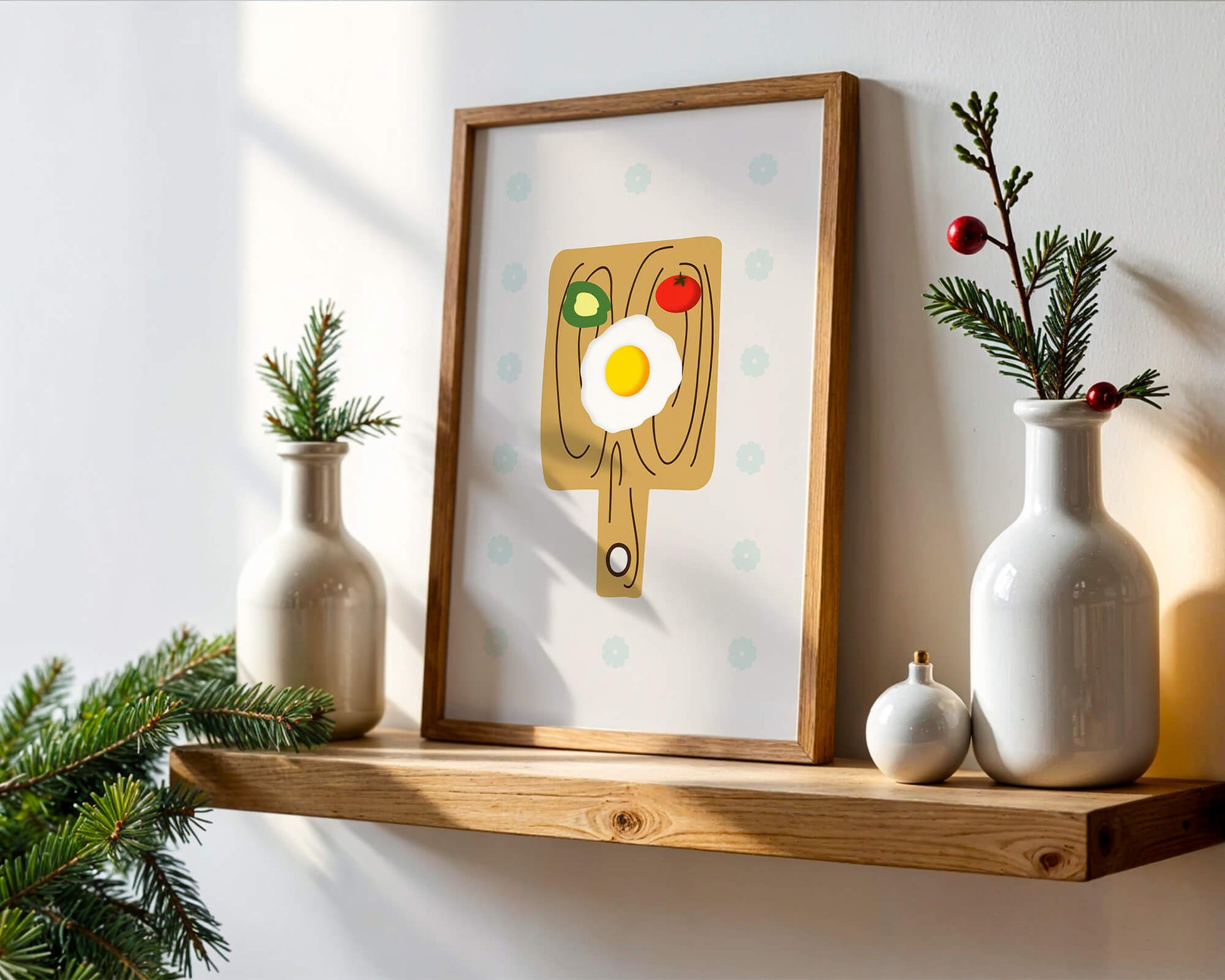 Ilustración de una escena de desayuno con huevo, aguacate y tomate sobre tabla de madera