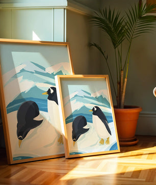 Gentoo penguins in an Antarctic landscape illustration