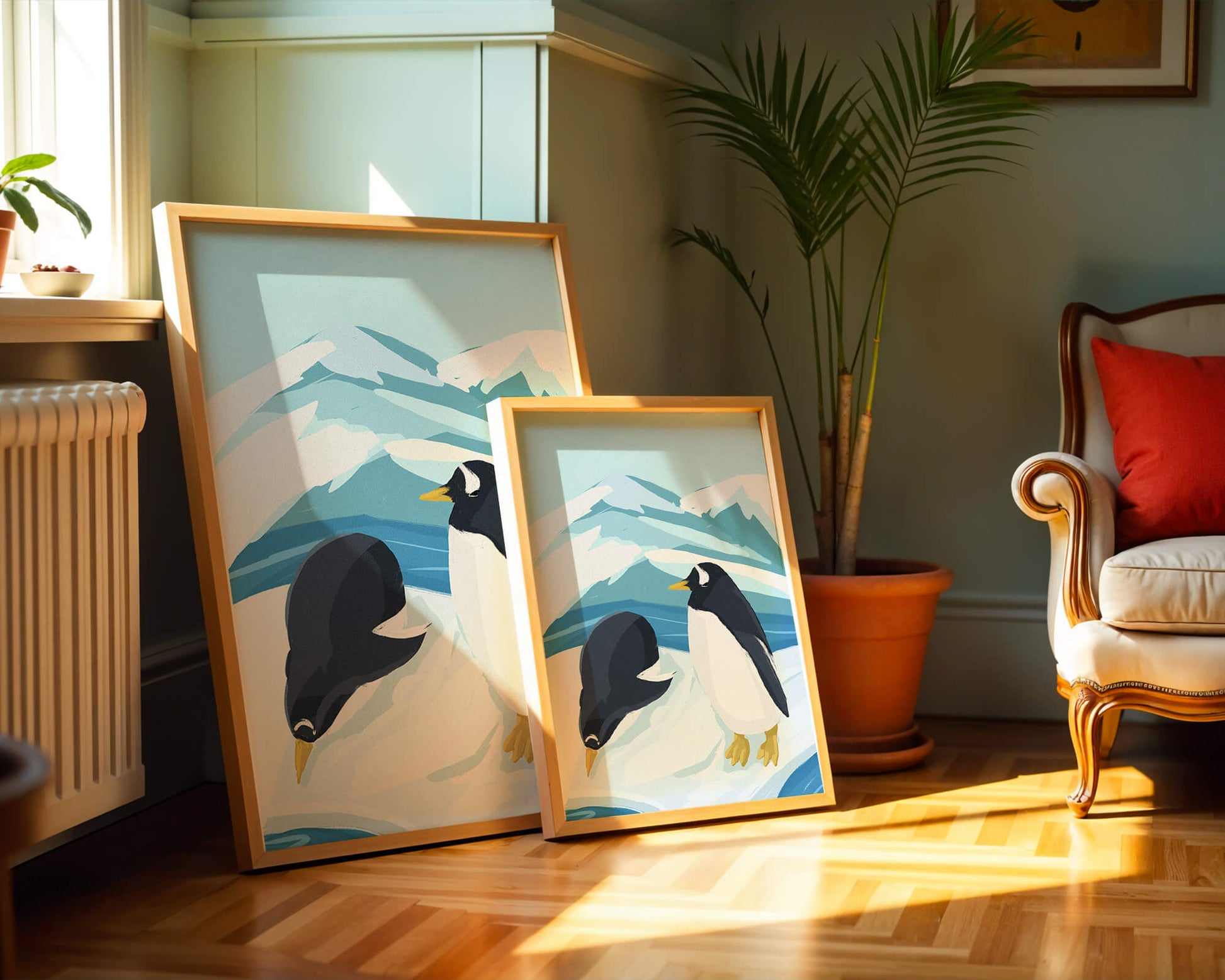 Gentoo penguins in an Antarctic landscape illustration