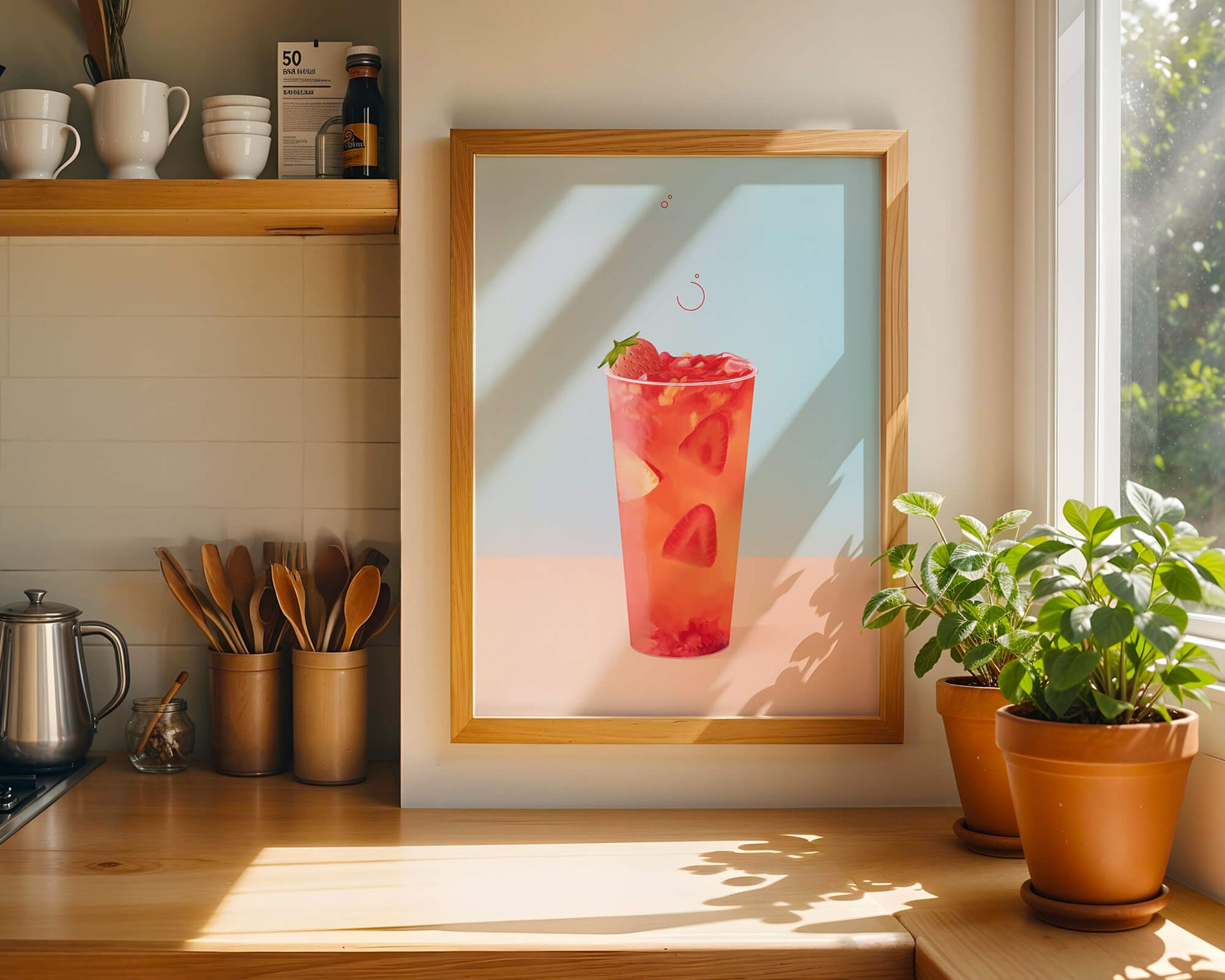 Refreshing strawberry drink with floating slices on pastel background